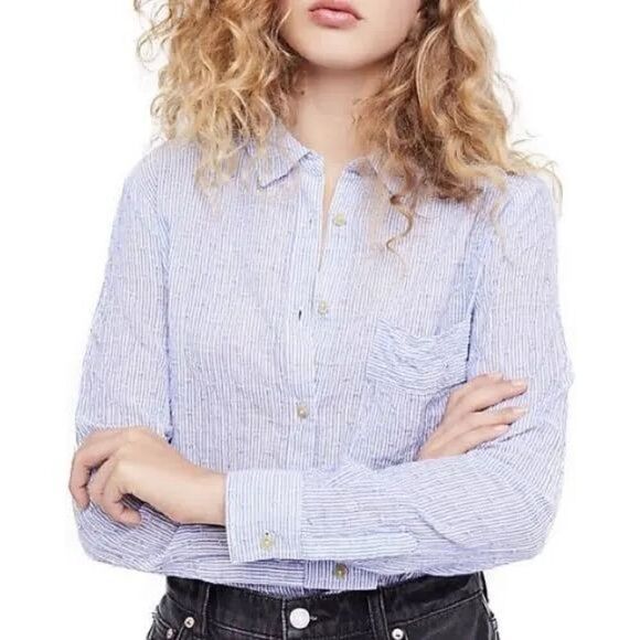 Free People No Limits Stripes Button Down Shirt In Blue - Picture 2 of 13